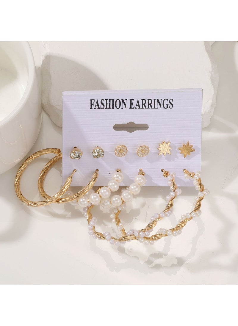 Huitich Elegant Gold Colour Tone Hoop & Stud Earrings Set – 6 Pairs with Pearl & Crystal Accents  - Image 3