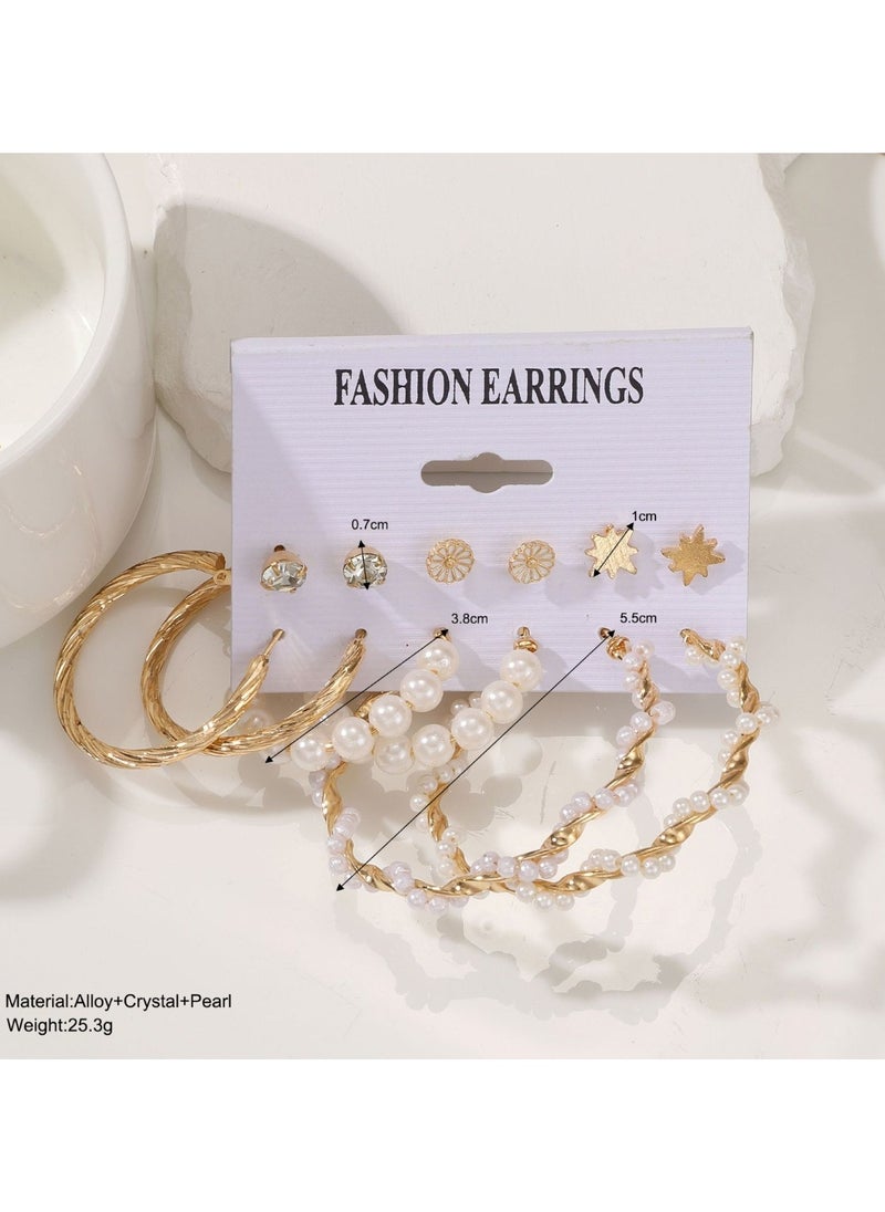 Huitich Elegant Gold Colour Tone Hoop & Stud Earrings Set – 6 Pairs with Pearl & Crystal Accents  - Image 2