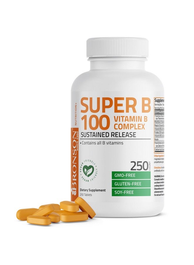 برونسون سوبر بي 100، مركب فيتامين ب ممتد المفعول، يحتوي على جميع فيتامينات ب (فيتامين ب1، ب2، ب3، ب6، ب9 - حمض الفوليك، ب12) يدعم استقلاب الطاقة وصحة الجهاز العصبي، غير معدل وراثيًا، 250 قرصًا - Image 1