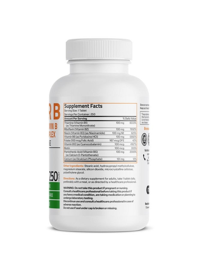 برونسون سوبر بي 100، مركب فيتامين ب ممتد المفعول، يحتوي على جميع فيتامينات ب (فيتامين ب1، ب2، ب3، ب6، ب9 - حمض الفوليك، ب12) يدعم استقلاب الطاقة وصحة الجهاز العصبي، غير معدل وراثيًا، 250 قرصًا - Image 2