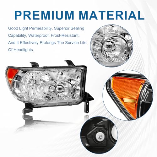 Fullux Headlights Assembly for 2007-2013 Toyota Tundra Compatible with 2008-2017 Toyota Sequoia 2PC Headlamps Chrome Housing Amber Reflector - Image 2
