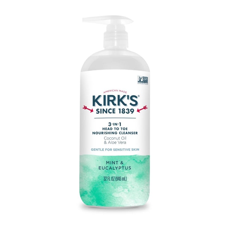 Kirk's 3-in-1 Head to Toe Nourishing Liquid Cleanser - for Men, Women, & Children - Premium Coconut Oil & Aloe Vera - Non GMO & Vegan - Mint and Eucalyptus - 32 Fl Oz. - Image 1