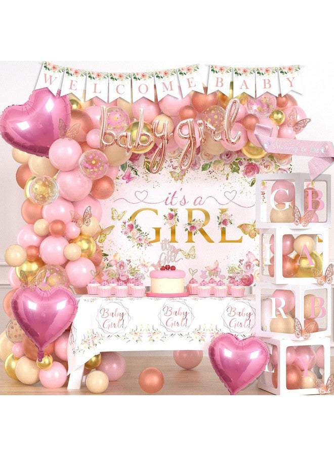 Hombae Baby Shower Decorations For Girl, Pastel Pink Floral Themed Baby Shower Decorations Girl Its A Girl Backdrop Balloon Garland Welcome Baby Banner Box Cutout Tablecloth Cake Topper Sash 146 Pcs - Image 1