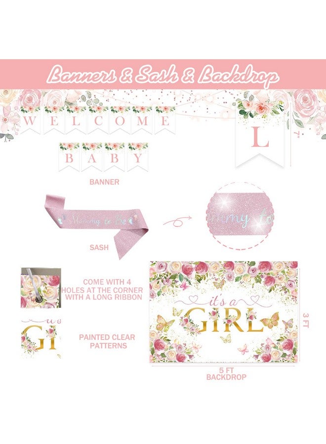 Hombae Baby Shower Decorations For Girl, Pastel Pink Floral Themed Baby Shower Decorations Girl Its A Girl Backdrop Balloon Garland Welcome Baby Banner Box Cutout Tablecloth Cake Topper Sash 146 Pcs - Image 3