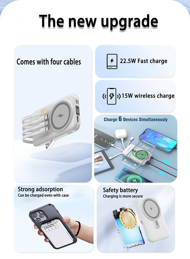 Wireless Portable Charger 10000mAh, Magnetic Power Bank with Built-in Cables LED Display,Magsafe Battery Pack with Stand 22.5W PD Fast Charging for iPhone, Samsung, iPad, Apple Watch Series. (White) ﻿ - Image 2