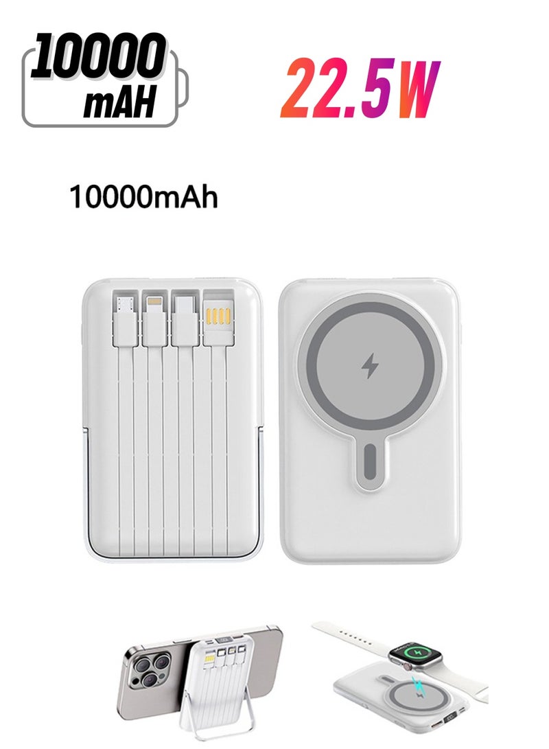 Wireless Portable Charger 10000mAh, Magnetic Power Bank with Built-in Cables LED Display,Magsafe Battery Pack with Stand 22.5W PD Fast Charging for iPhone, Samsung, iPad, Apple Watch Series. (White) ﻿ - Image 1