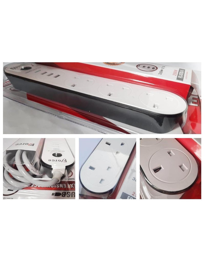 FORCE FORCE Power Socket Strip with 3 Outlets 2500W & 2 USB + 1PD Ports 3M Meter 10ft feet Long Braided Extension Lead Cord for Travel Home Office  - Image 3