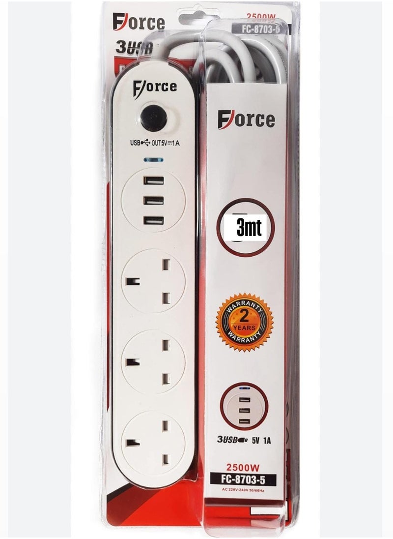 FORCE FORCE Power Socket Strip with 3 Outlets 2500W & 2 USB + 1PD Ports 3M Meter 10ft feet Long Braided Extension Lead Cord for Travel Home Office  - Image 2