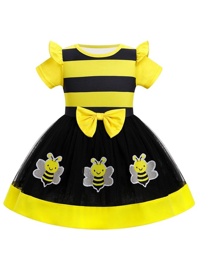 IBAKOM Baby Girl First Strawberry Cow Bee Day Birthday Dress Short Sleeve Farm Animal One Year Toddler Cake Smash Outfits Infant Easter Pageant Party Halloween Christmas Clothes Yellow Bee 3-4 Years - Image 1