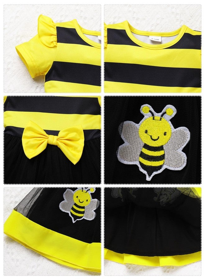 IBAKOM Baby Girl First Strawberry Cow Bee Day Birthday Dress Short Sleeve Farm Animal One Year Toddler Cake Smash Outfits Infant Easter Pageant Party Halloween Christmas Clothes Yellow Bee 3-4 Years - Image 2