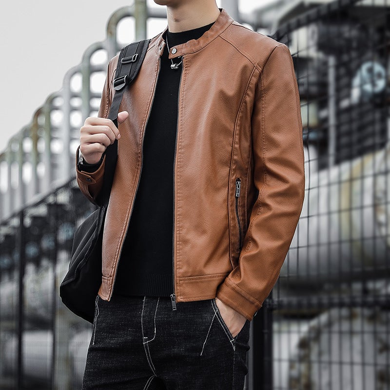 2021 Men'S Motorcycle Leather Jacket New Korean Style Vertical Collar Slim-Fit Handsome Youth Casual Pu Leather Top - Image 3