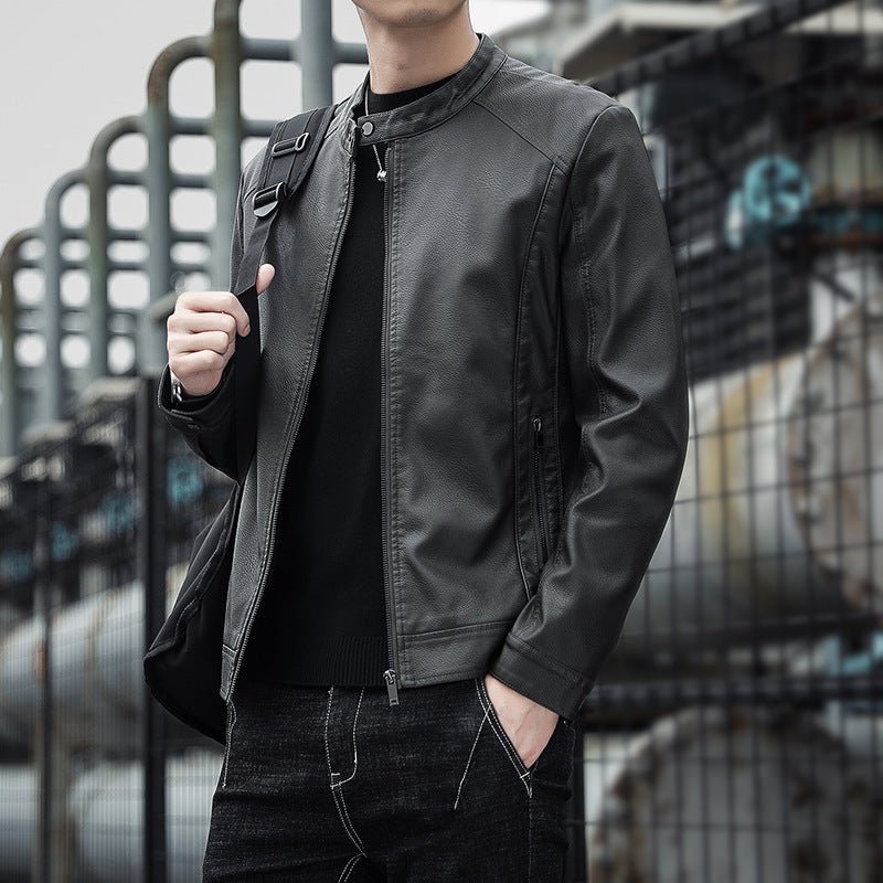 2021 Men'S Motorcycle Leather Jacket New Korean Style Vertical Collar Slim-Fit Handsome Youth Casual Pu Leather Top - Image 1