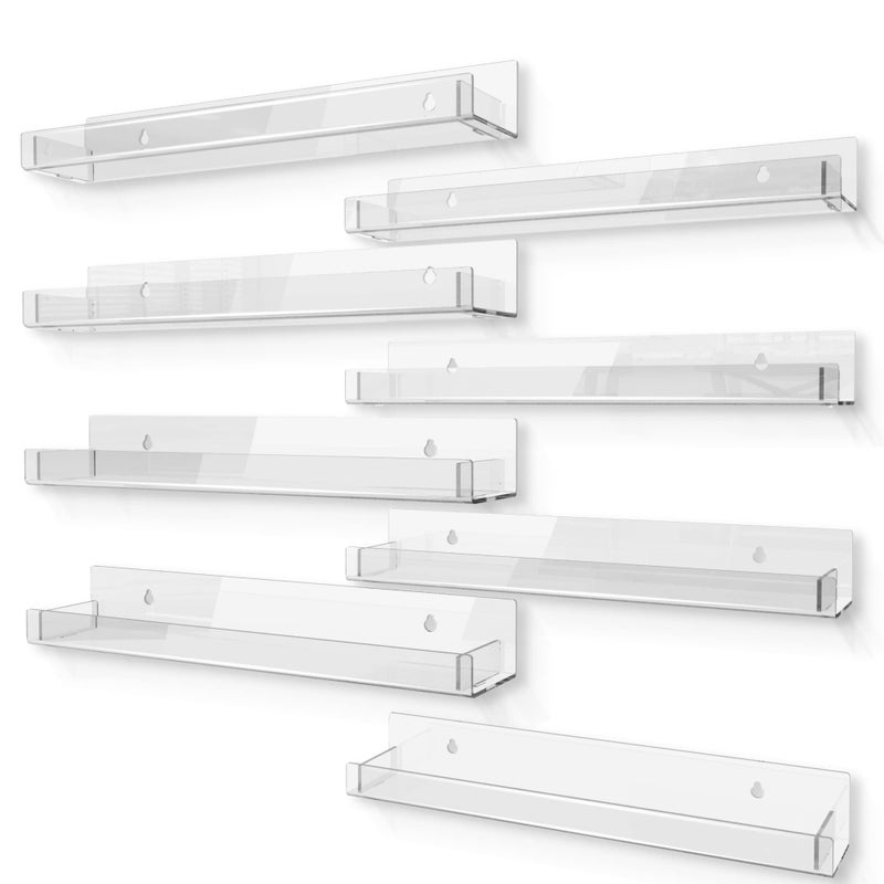RORKIM 8 Pack 15 Inch Clear Acrylic Shelves Clear Kids Floating Bookshelf for Kids Room Modern Nail Polish Rack Sunglasses Essential Oil Picture Ledge Display Toy Storage Wall Shelf