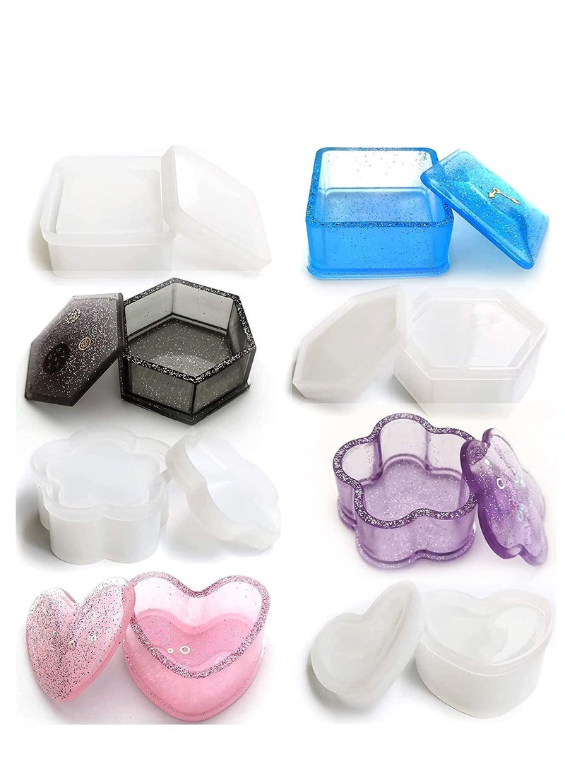 KASTWAVE Box Resin Molds Silicone, 4 Pcs Jewelry Epoxy Mold Sets with Heart Shape, Hexagon, Square and Flower for Storing Earrings, Rings, Coins, Keys or Making Flower Pot, Pen & Candle Holder - Image 1