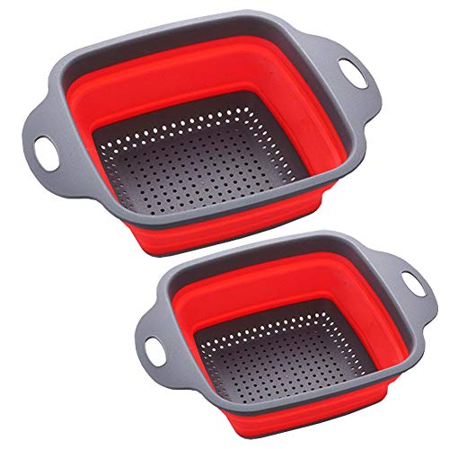 HDHYK Square Collapsible Colander Set,2 Collapsible Colanders (Strainers) Set By HDHYK - Includes 2 Folding Strainers (red & Grey) - Image 1