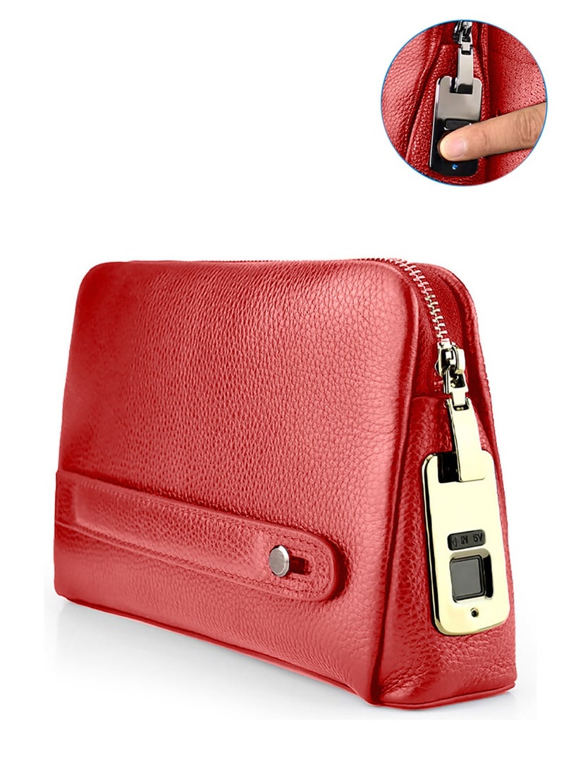 Wtech Leather Fingerprint Lock Bag for Men And Women Hand Bag Male Long Money Wallets Mobile Phone Pouch Smart Lock System Clutch Bag - Red - Image 1