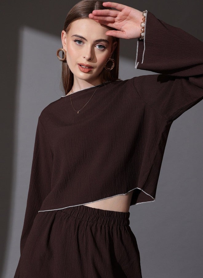 STREET 9 طقم نسائي بلوزة بياقة قارب وبنطلون بالازو بني - Image 2