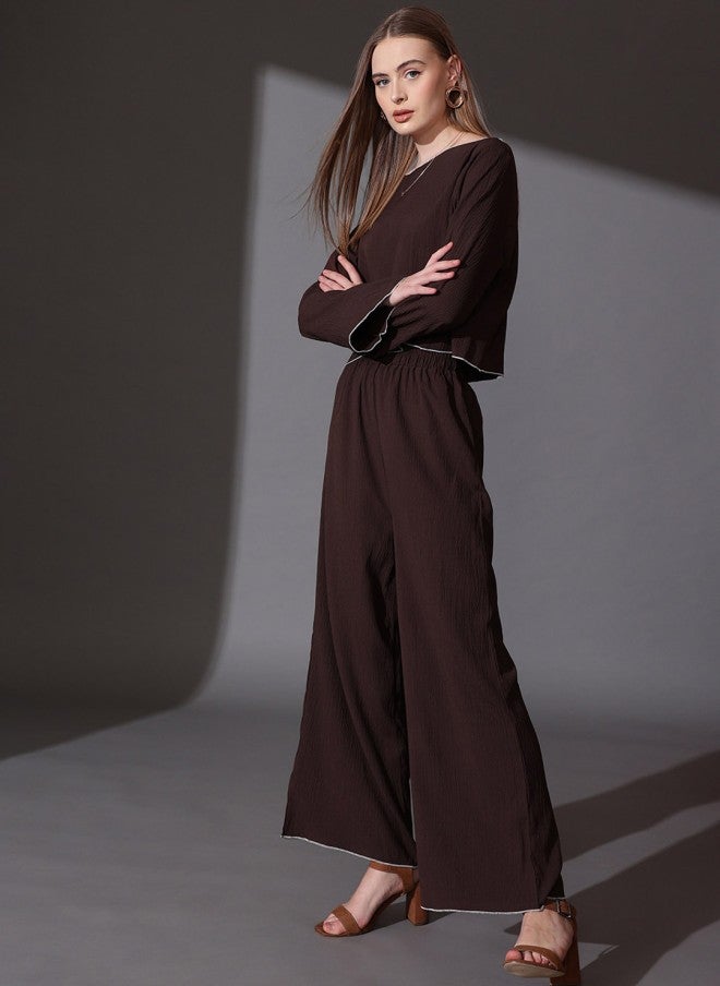 STREET 9 طقم نسائي بلوزة بياقة قارب وبنطلون بالازو بني - Image 4