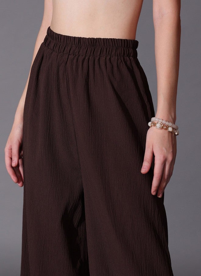 STREET 9 طقم نسائي بلوزة بياقة قارب وبنطلون بالازو بني - Image 3