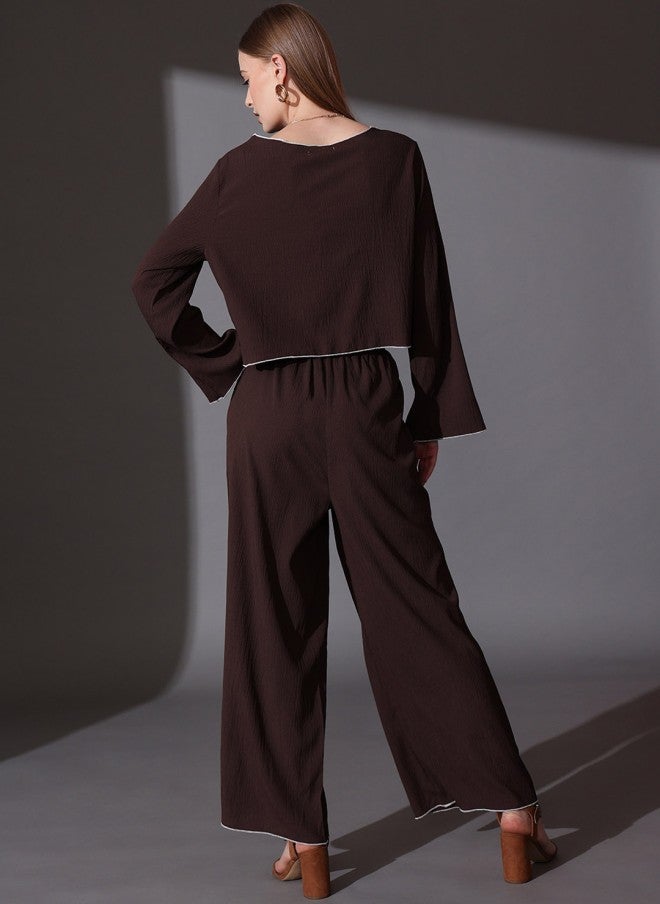 STREET 9 طقم نسائي بلوزة بياقة قارب وبنطلون بالازو بني - Image 5