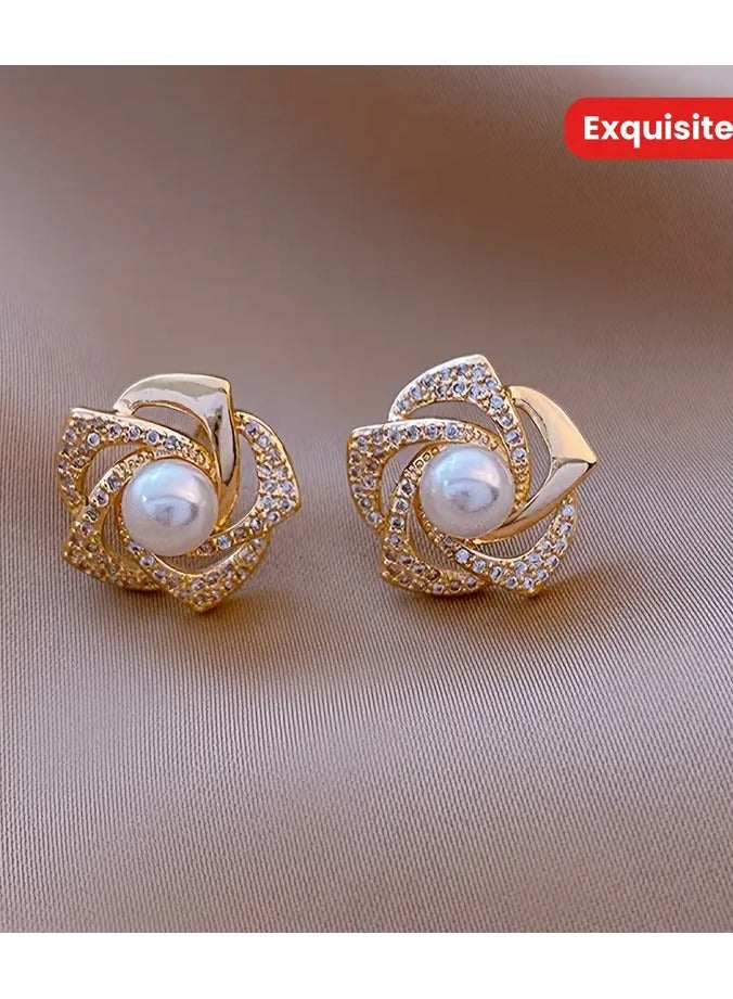 هوم كليرانس سايل تصميم زهرة جوفاء رائع أقراط مسمار مجوهرات سبائك الزنك مزينة بتقليد اللؤلؤ خمر أنيق الهدايا الأنثوية - Image 1