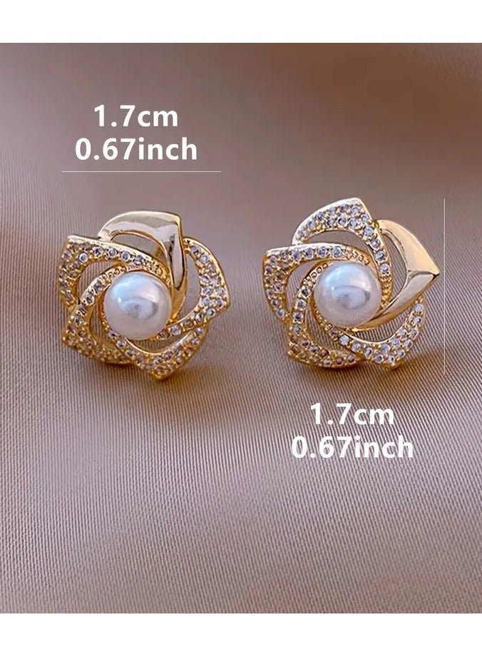 هوم كليرانس سايل تصميم زهرة جوفاء رائع أقراط مسمار مجوهرات سبائك الزنك مزينة بتقليد اللؤلؤ خمر أنيق الهدايا الأنثوية - Image 2