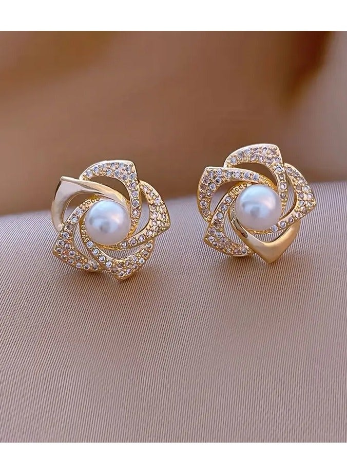 هوم كليرانس سايل تصميم زهرة جوفاء رائع أقراط مسمار مجوهرات سبائك الزنك مزينة بتقليد اللؤلؤ خمر أنيق الهدايا الأنثوية - Image 5