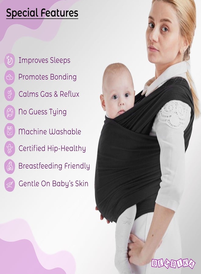 Bembika Adjustable Hands-Free Baby Sling Carrier Lightweight, Foldable Baby Wrap & Newborn Carrier Comfortable, Travel-Friendly Baby Wrapping Cloth – (0–18 Months| 3–12 Kg) Black - Image 4