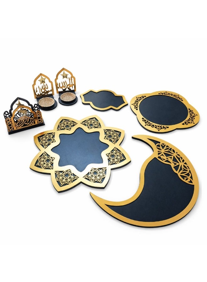 7-Piece Wooden Ramadan Hospitality Set - Serving Plates, Napkin Holder & Incense Burner - Gold & Black. - Image 1