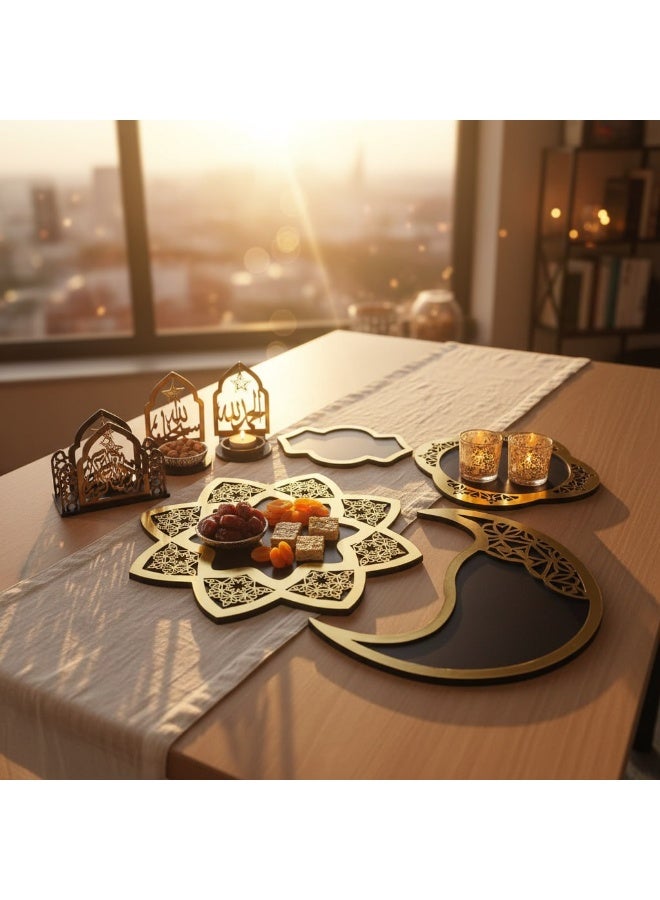 7-Piece Wooden Ramadan Hospitality Set - Serving Plates, Napkin Holder & Incense Burner - Gold & Black. - Image 5