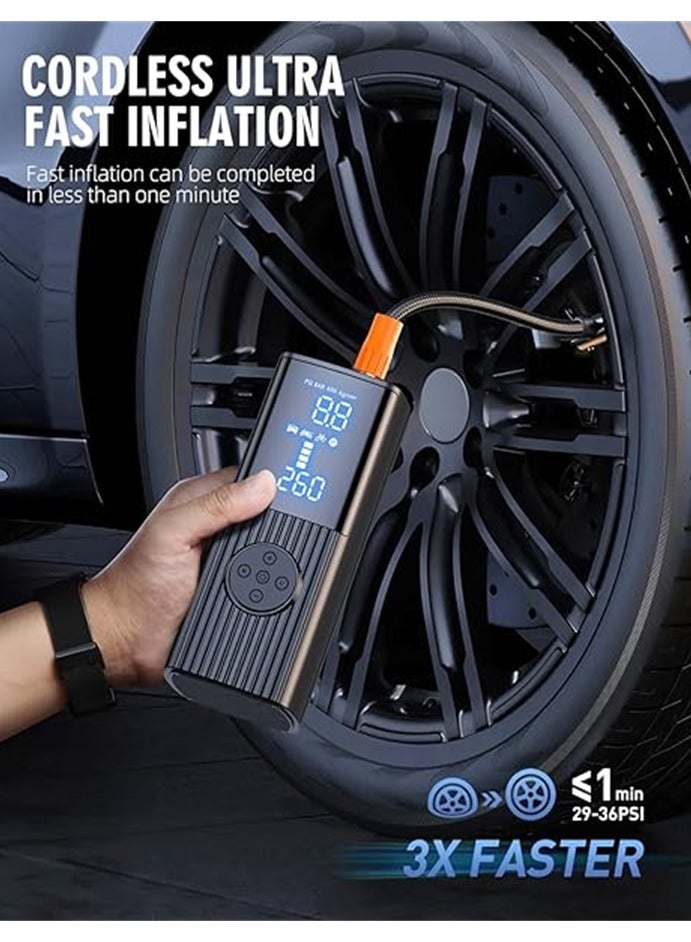 Car Motorcycle Cordless Tyre Inflator Portable Air Compressor, 150PSI Cordless Fast Pump with LCD Digital Screen Emergency Light 9000mAh Battery Powered - Image 2