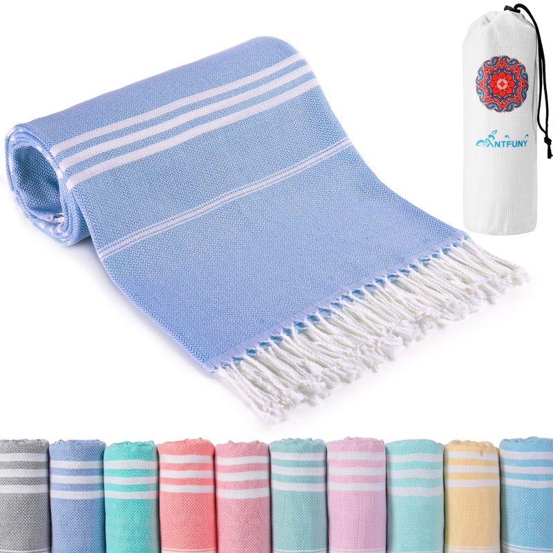 Antfuny Turkish Beach Towels Vacation Essentials with Bag Quick Dry Sand Free Soft Absorbent Adult Bath Pool Swim Long Wide Stripe Towel Cloud Linen Sandfree Mat Summer Thing Lightweight Thin Travel Blue - Image 1