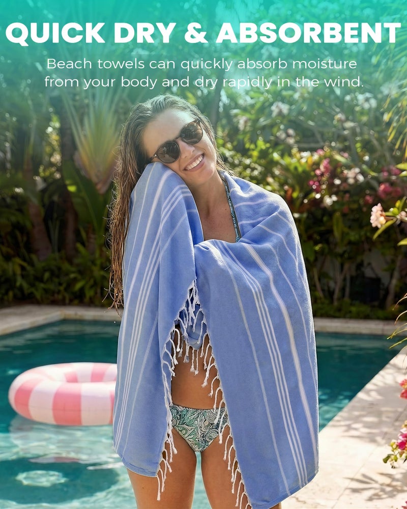 Antfuny Turkish Beach Towels Vacation Essentials with Bag Quick Dry Sand Free Soft Absorbent Adult Bath Pool Swim Long Wide Stripe Towel Cloud Linen Sandfree Mat Summer Thing Lightweight Thin Travel Blue - Image 2