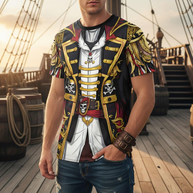 THE PIRATE KING Anime Pirate Captain T-Shirt Funny Cosplay Costume Knight Tee Crewneck Short Sleeve Casual Top Unisex Black - Image 3