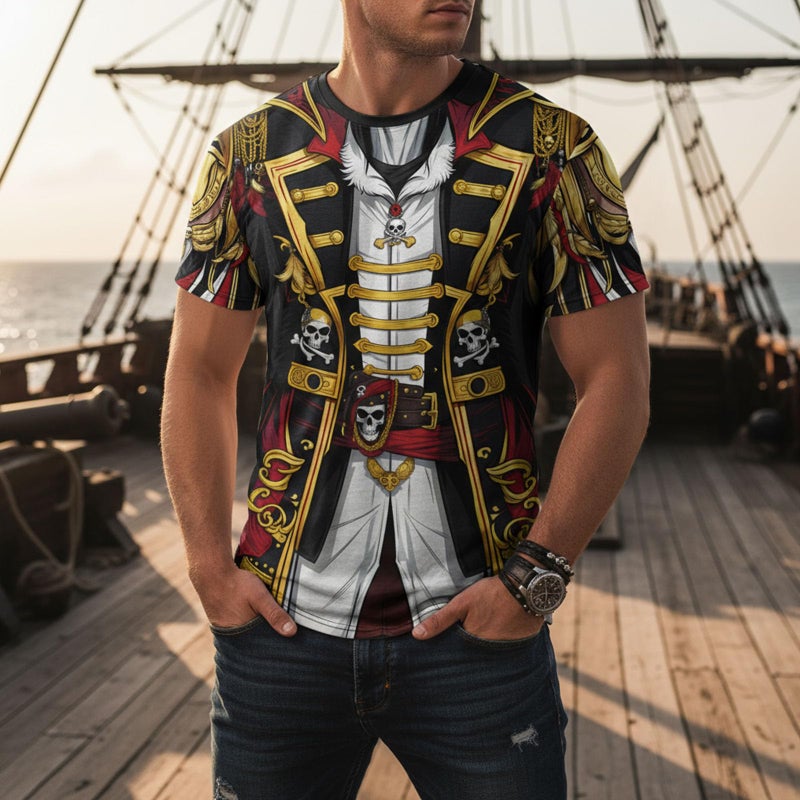 THE PIRATE KING Anime Pirate Captain T-Shirt Funny Cosplay Costume Knight Tee Crewneck Short Sleeve Casual Top Unisex Black - Image 2