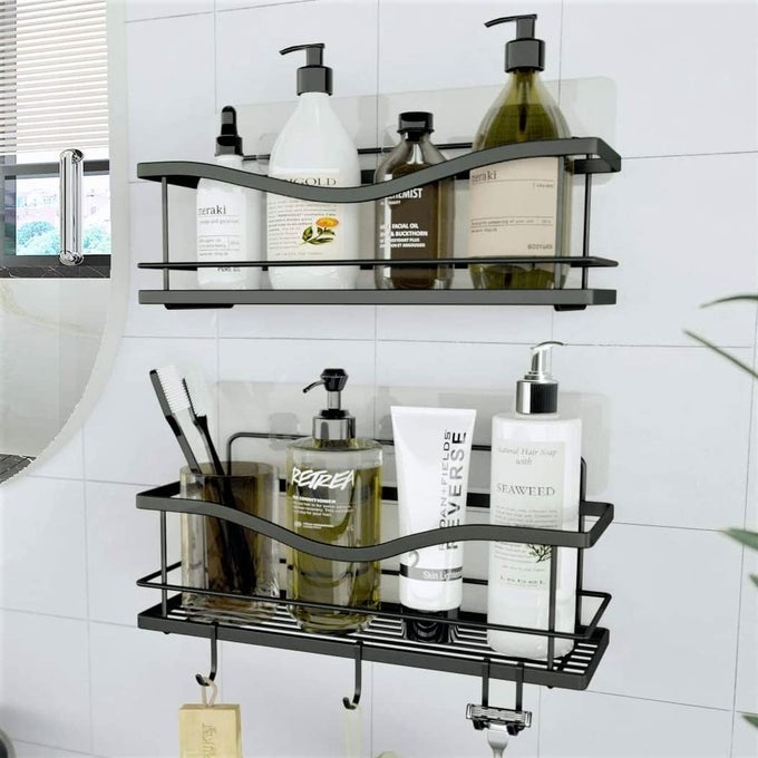 PREMIUM SHOWER CADDY SELF ADHESIVE SHOWER ORGANIZER W 4 HOOKS NO DRILL SHOWER SHELVES FOR INSIDE SHOWER RUSTPROOF STAINLESS STEEL SHOWER RACK FOR BATHROOM MATTE BLACK