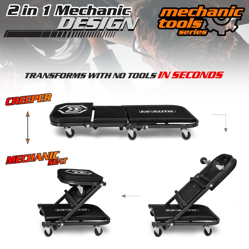 M-AUTO 40-Inch Folding Creeper Rolling Seat, All-in-One Adjustable Roller Garage Chair, Lay Down or Sit, 330LBS Capacity Under Car Roller Creeper with 6 Swivel Casters, Black - Image 4