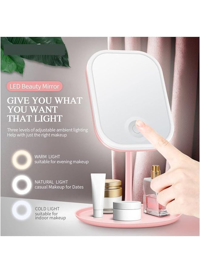 Kimaya Makeup Vanity Mirror with Lights, LED Makeup Mirror with 3 Color Modes, Tabletop Vanity Lighted Mirror with Smart Touch Control, 5X Magnification, Light Up Make Up Mirror with Storage Tray, Pink - Image 1