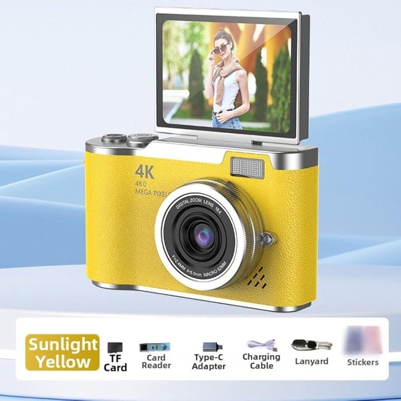 4K Digital Camera 48MP CCD Compact Point And Shoot With 180 Flip Screen 8X Zoom For Students Yellow 32G - Image 3
