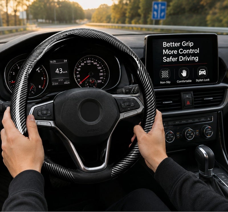 Dunekart Universal Car Steering Wheel Cover, Carbon Fiber Texture Non-Slip Protector, Sport Auto Interior Accessory for 38cm Diameter - Black - Image 2