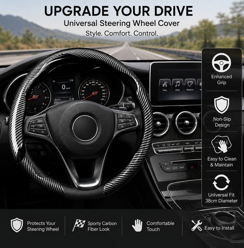 Dunekart Universal Car Steering Wheel Cover, Carbon Fiber Texture Non-Slip Protector, Sport Auto Interior Accessory for 38cm Diameter - Black - Image 3