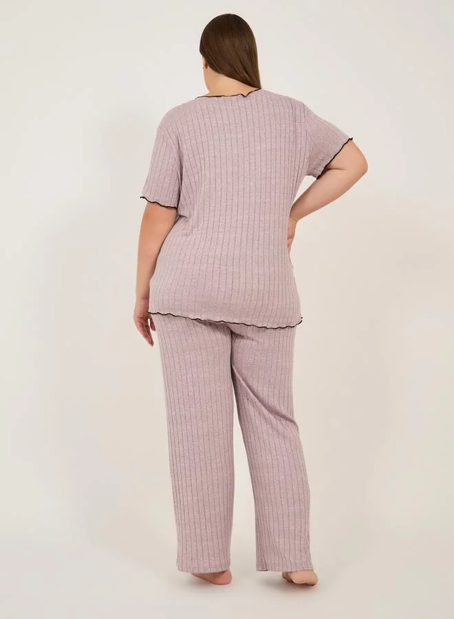 Styli Plus Size Rib Knit Round Neck Top and Pyjama Set
