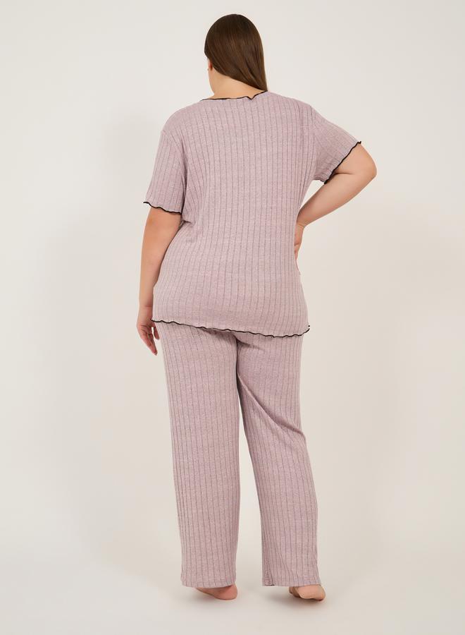 Styli Plus Size Rib Knit Round Neck Top and Pyjama Set  - Image 5