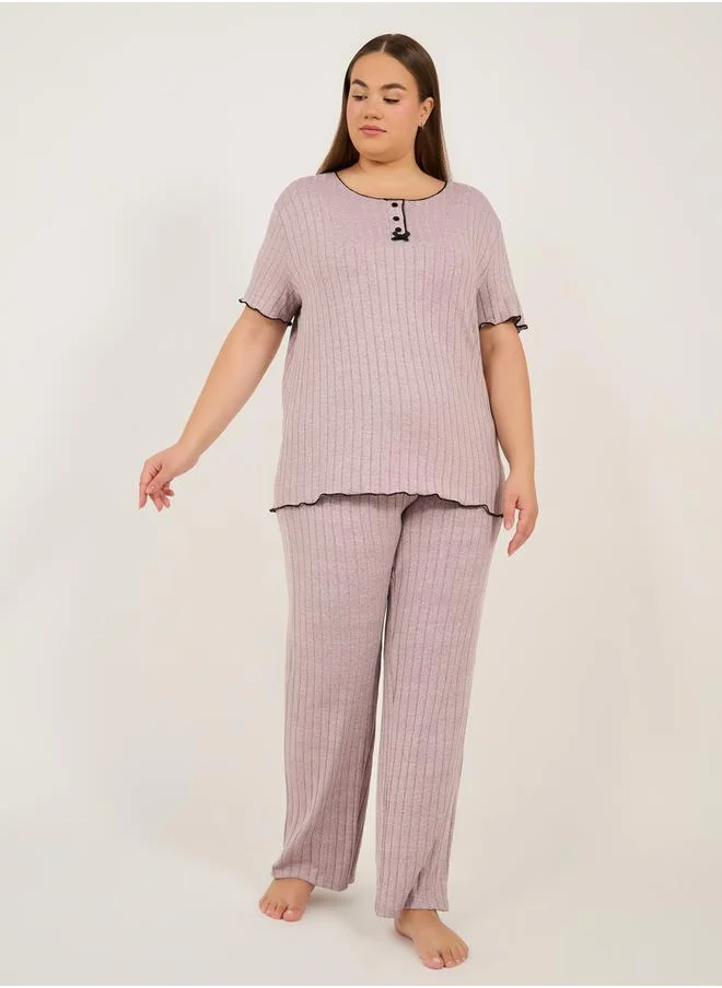 Styli Plus Size Rib Knit Round Neck Top and Pyjama Set