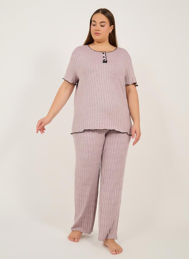 Styli Plus Size Rib Knit Round Neck Top and Pyjama Set  - Image 1