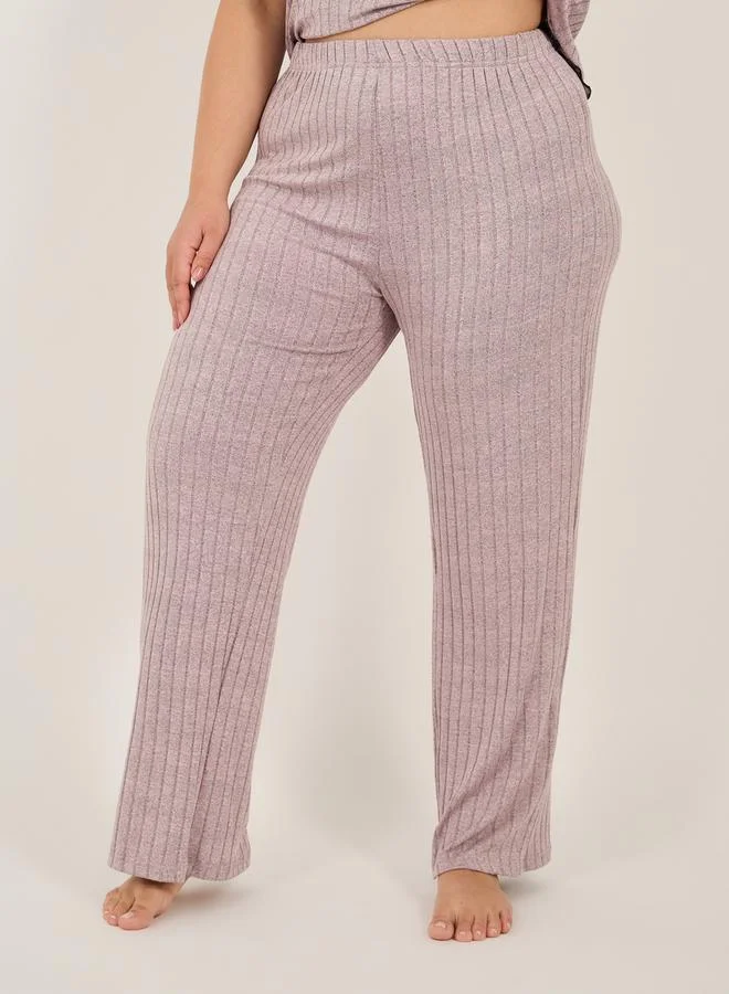 Styli Plus Size Rib Knit Round Neck Top and Pyjama Set