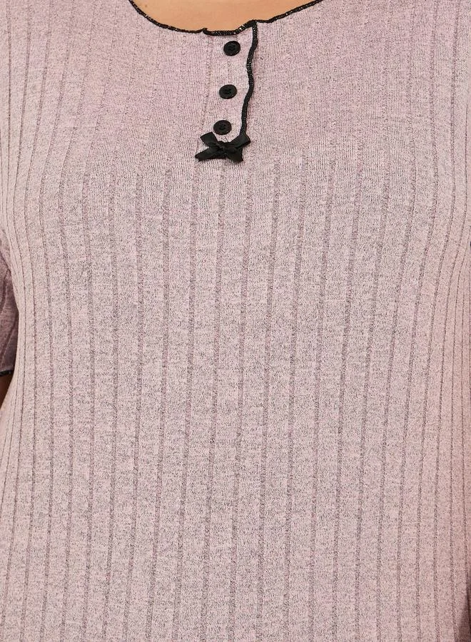 Styli Plus Size Rib Knit Round Neck Top and Pyjama Set