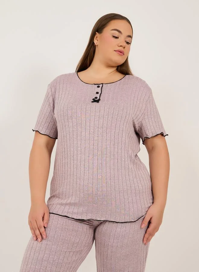Styli Plus Size Rib Knit Round Neck Top and Pyjama Set