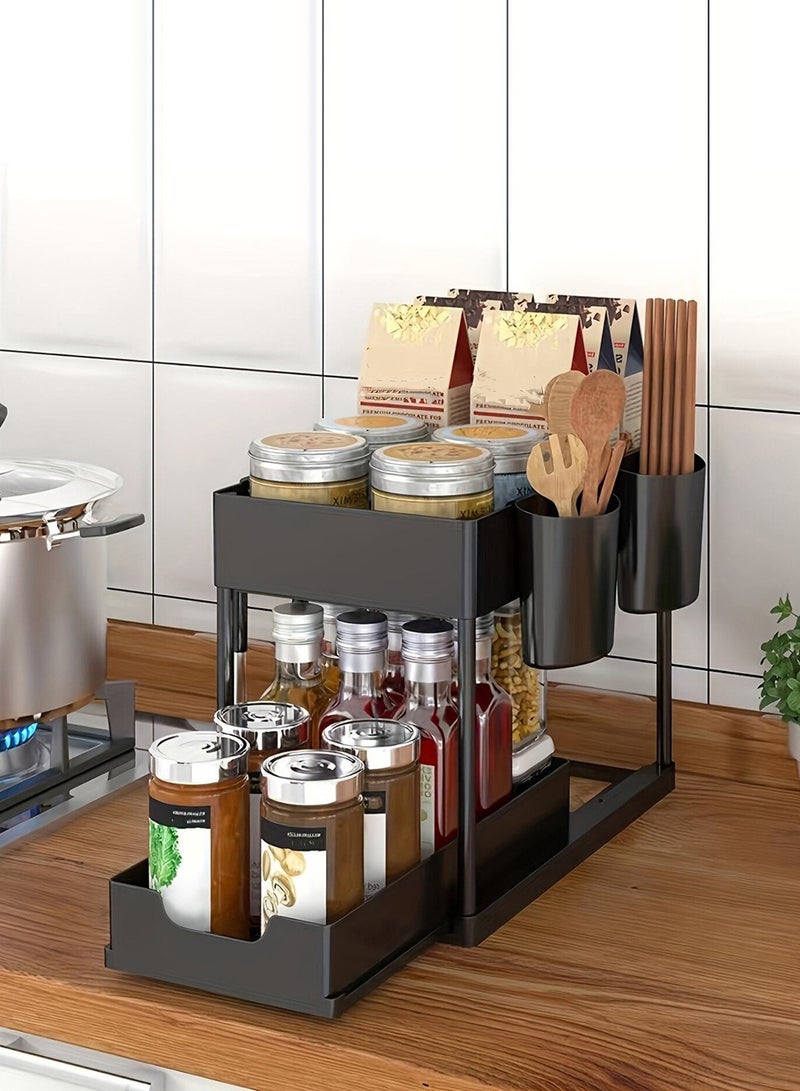 1 عبوة واحدة منظمات تخزين تحت الحوض بطبقتين ودرج منزلق يسحب للخارج، مزودة بـ 5 خطافات وسلة 2 - Image 1