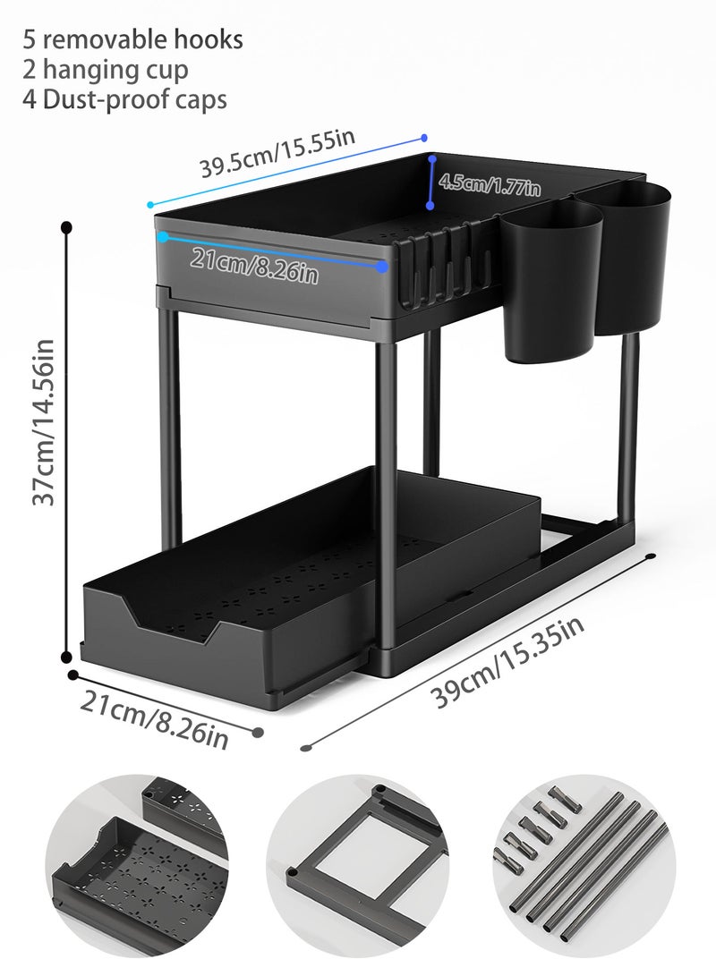 1 عبوة واحدة منظمات تخزين تحت الحوض بطبقتين ودرج منزلق يسحب للخارج، مزودة بـ 5 خطافات وسلة 2 - Image 3